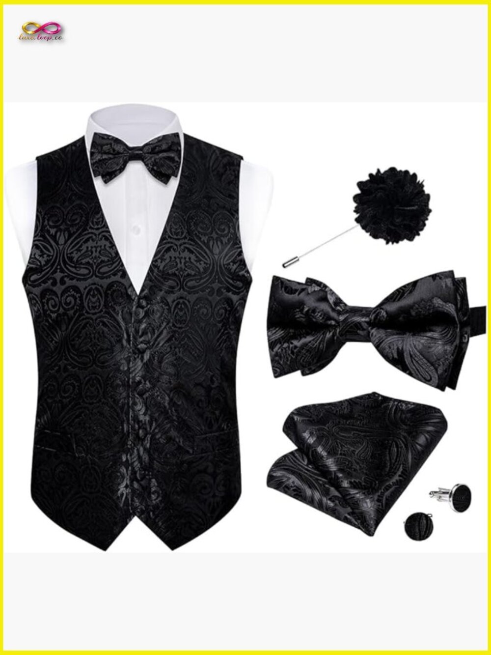 Silk Slim Fit V-Neck Vest Elegant Formal Wedding Tuxedo Set with Accessories